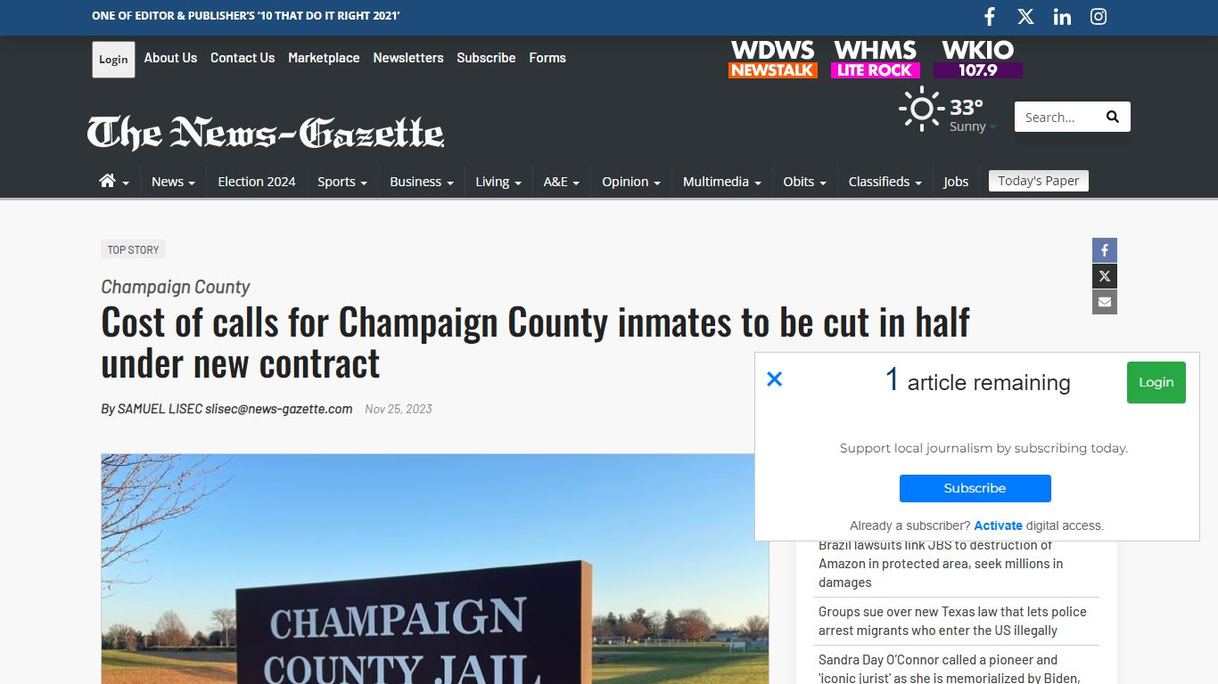 Cost of calls for Champaign County inmates to be cut ... - The News-Gazette